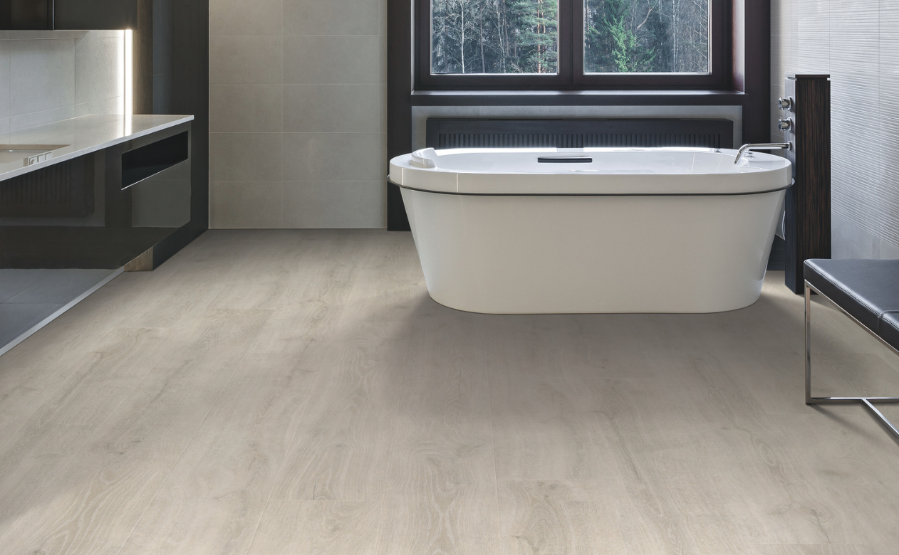 light wood-look laminate flooring in a bathroom
