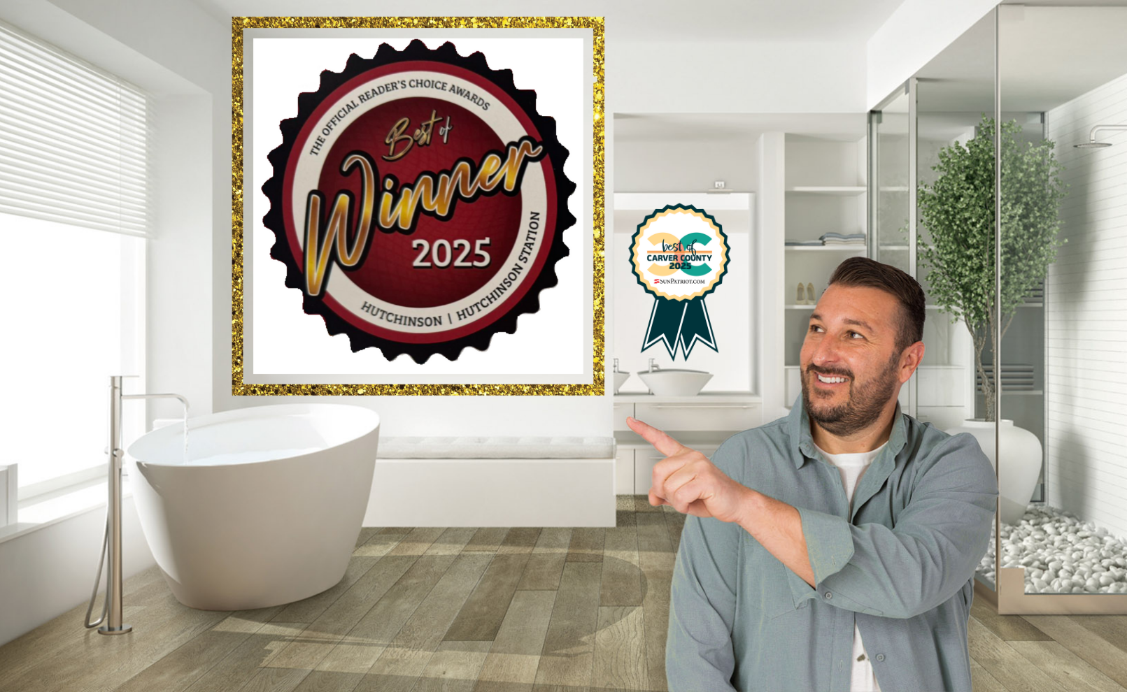 Locally Owned Flooring store owner Brent showing new flooring in bathroom