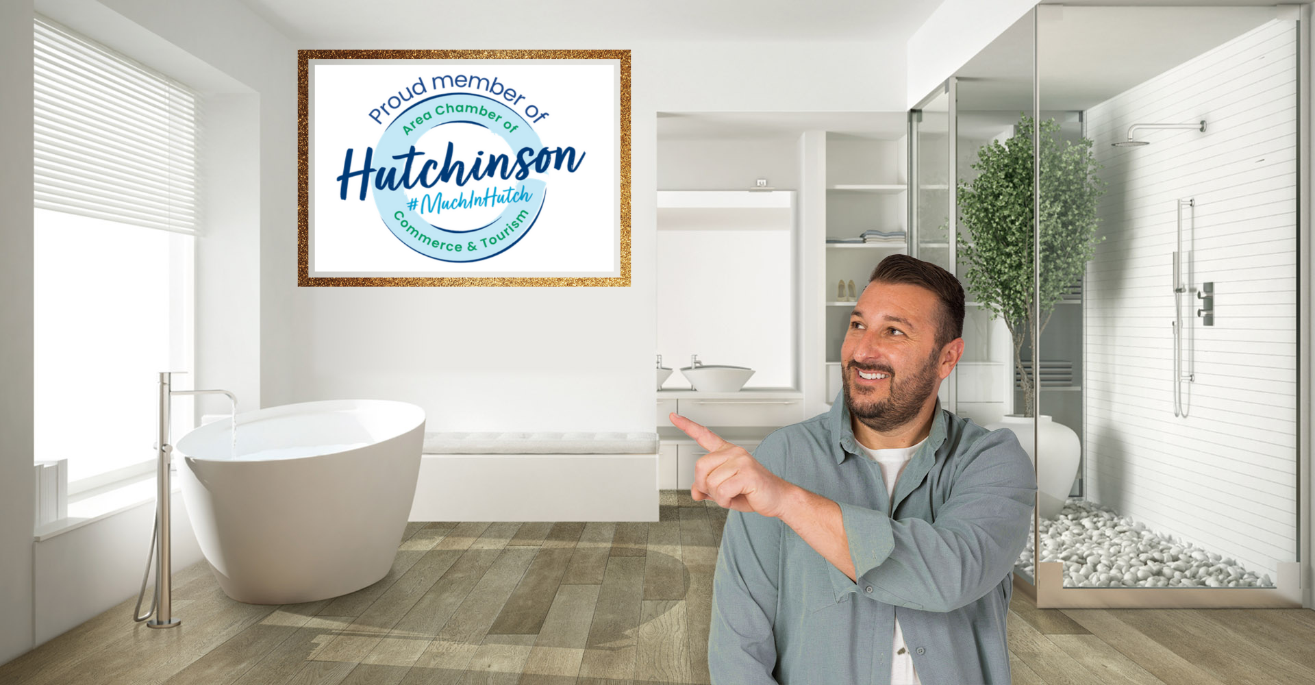 Locally Owned Flooring store owner Brent showing new flooring in bathroom